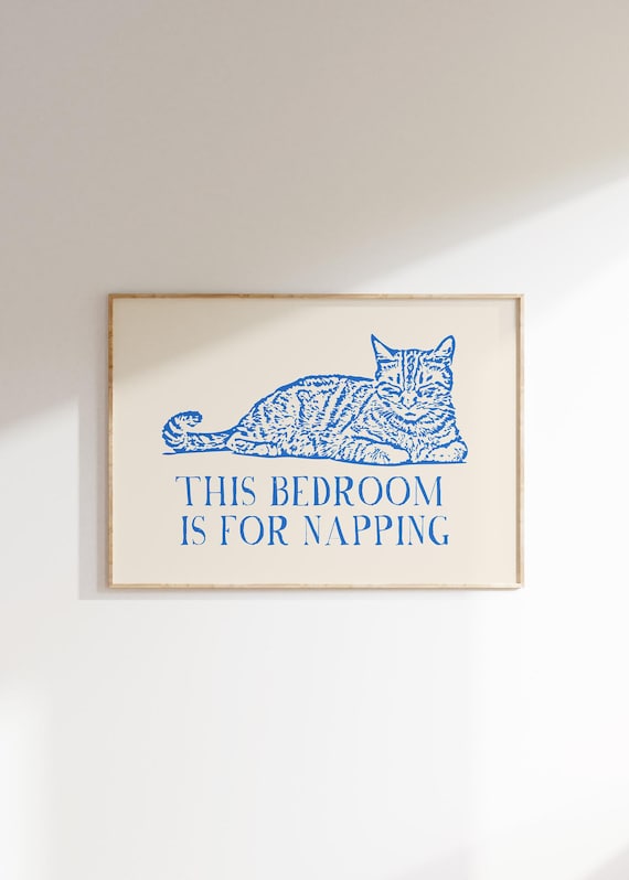 Cat Napping Bedroom Poster – Retro Minimalist Art (Digital Download)