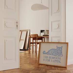This Bedroom Is For Napping Print Trendy Horizontal Wall Art Vintage Cat Poster Aesthetic Bedroom Decor Cute Quote Art Printable Art Blue