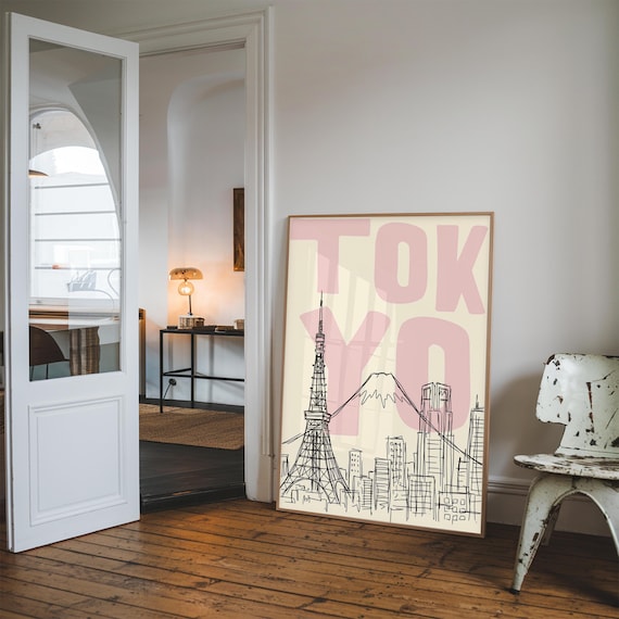 Tokyo Skyline Print: Pink Tokyo Wall Art, Japan Travel Poster, Preppy Dorm Room Decor (Digital Download)