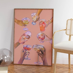 Bar Warenkorb Print Cheers Poster Trendige Bar Wandkunst Retro Barwagen Dekor Trendy Küche Poster Vintage Getränke Poster Druckbare Wandkunst Rosa