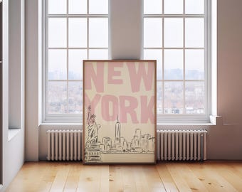 New York City Print • Pink Preppy Wall Art • NYC Poster • City Skyline Sketch • Girly Dorm Decor • Digital Download