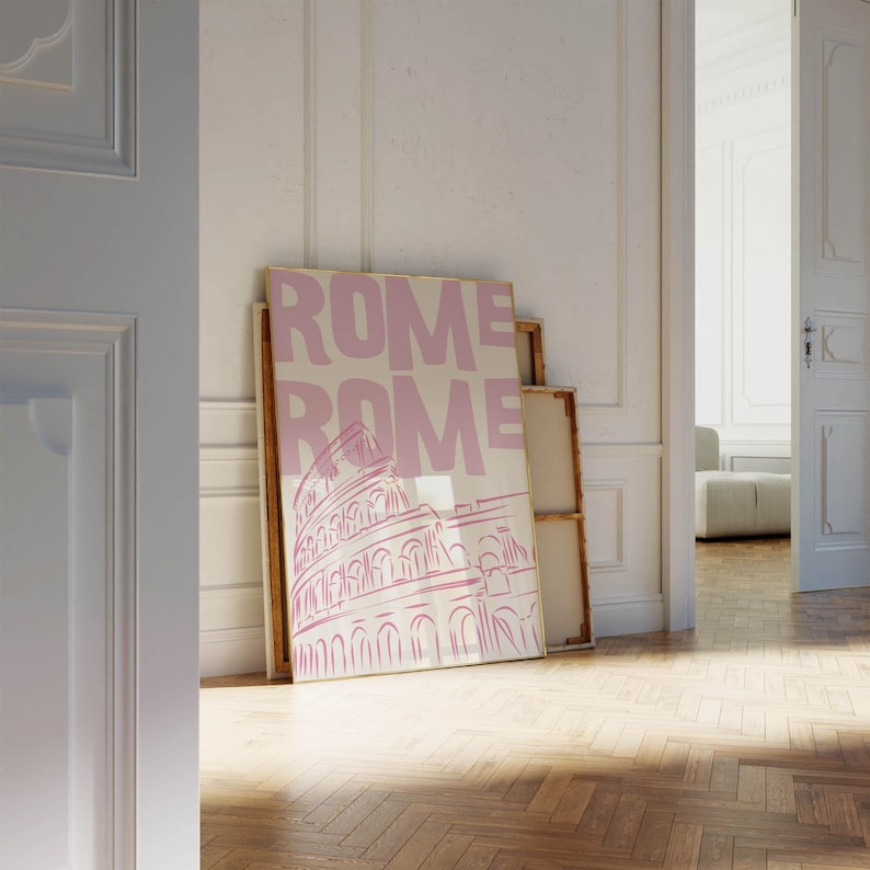 Rome Wall Art Print - Pink Colosseum Poster - Modern Travel Artwork - Retro Italy Poster - Minimalist Home Decor - Digital Download