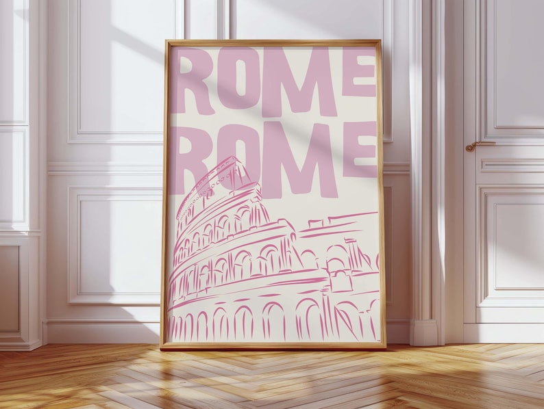 Rome Wall Art Print - Pink Colosseum Poster - Modern Travel Artwork - Retro Italy Poster - Minimalist Home Decor - Digital Download