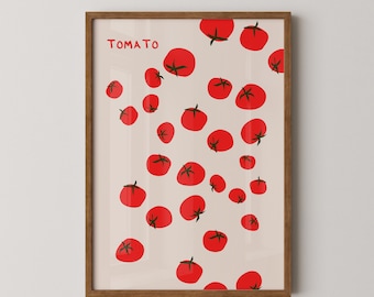 May include: A framed wall art print featuring a light beige background with a scattered pattern of red tomatoes, each with a small green stem. The word TOMATO is printed in red in the upper left corner. The frame is made of medium-toned wood.