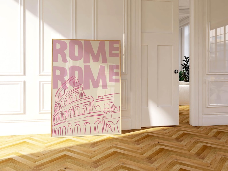 Rome Wall Art Print - Pink Colosseum Poster - Modern Travel Artwork - Retro Italy Poster - Minimalist Home Decor - Digital Download