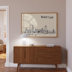 Minimalist hand-drawn sketch of Boston skyline in black ink on a beige background, organic modern wall art style.