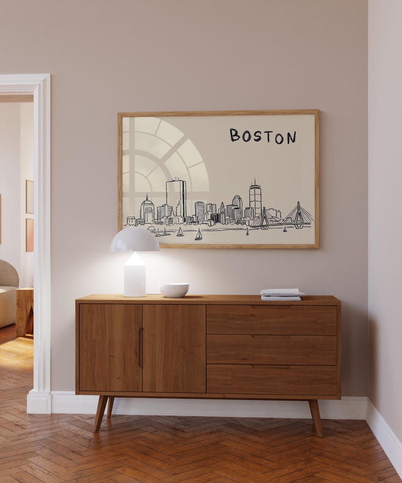 Minimalist hand-drawn sketch of Boston skyline in black ink on a beige background, organic modern wall art style.