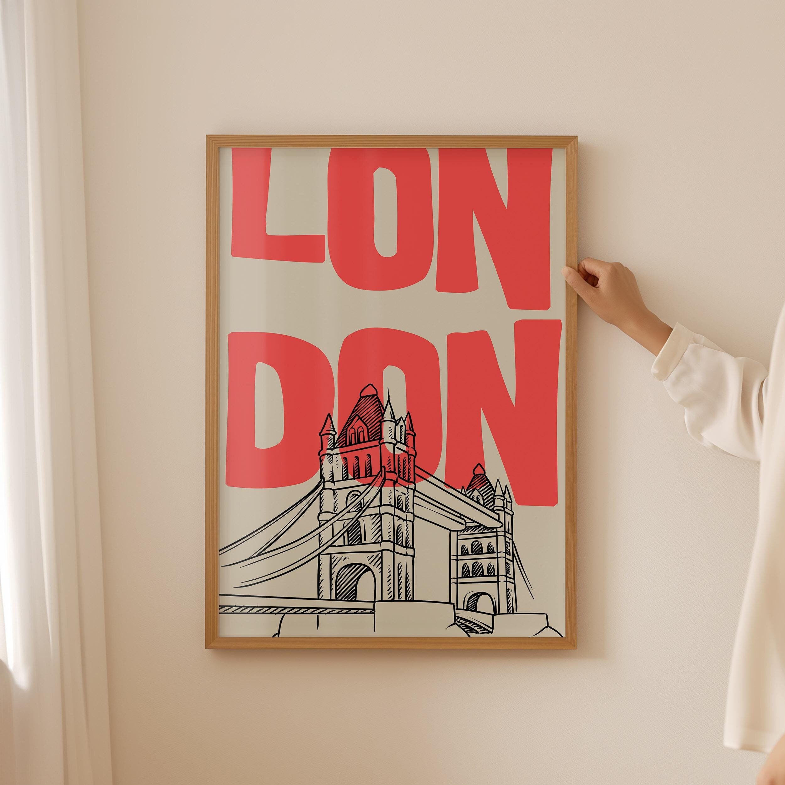 Tower Bridge London Art Print: Red Retro UK Poster (Digital Download)