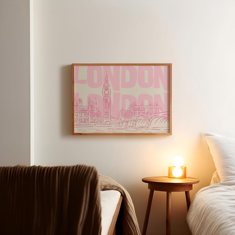 London Wall Art Print - Pink London Skyline - Big Ben Line Art - Digital Download - Minimalist City Poster - UK Travel Decor - London Poster