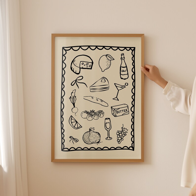 Dinner Party Poster Vintage Food Poster Trendy Kitchen Decor Wine and Cheese Print Modern Kitchen Print Retro Food Art Dining Room Wall Art