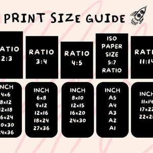 May include: A black and white chart with a rocket illustration and the text "PRINT SIZE GUIDE". The chart shows different print size ratios and their corresponding inch measurements. The ratios include 2:3, 3:4, 4:5, 5:7, and 11:14. The inch measurements include 4x6, 8x12, 12x18, 16x24, 20x30, 24x36, 6x8, 9x12, 12x16, 18x24, 27x36, 8x10, 12x15, 16x20, 24x30, A5, A4, A3, A2, A1, 11x14, 17x22, 22x28.