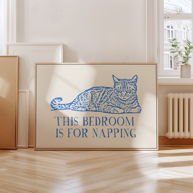 This Bedroom Is For Napping Print Trendy Horizontal Wall Art Vintage Cat Poster Aesthetic Bedroom Decor Cute Quote Art Printable Art Blue