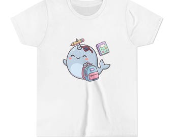 Narwhal Back to School Youth Tee, Cute First Day of School Narwhal | Kawaii Narwhal Youth Tee, Teacher Student Gift