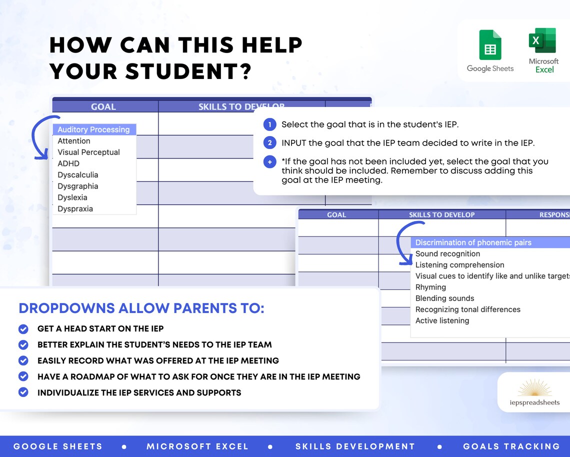 Learning Disability IEP Spreadsheet With Dropdown Menu | Google Sheets ...