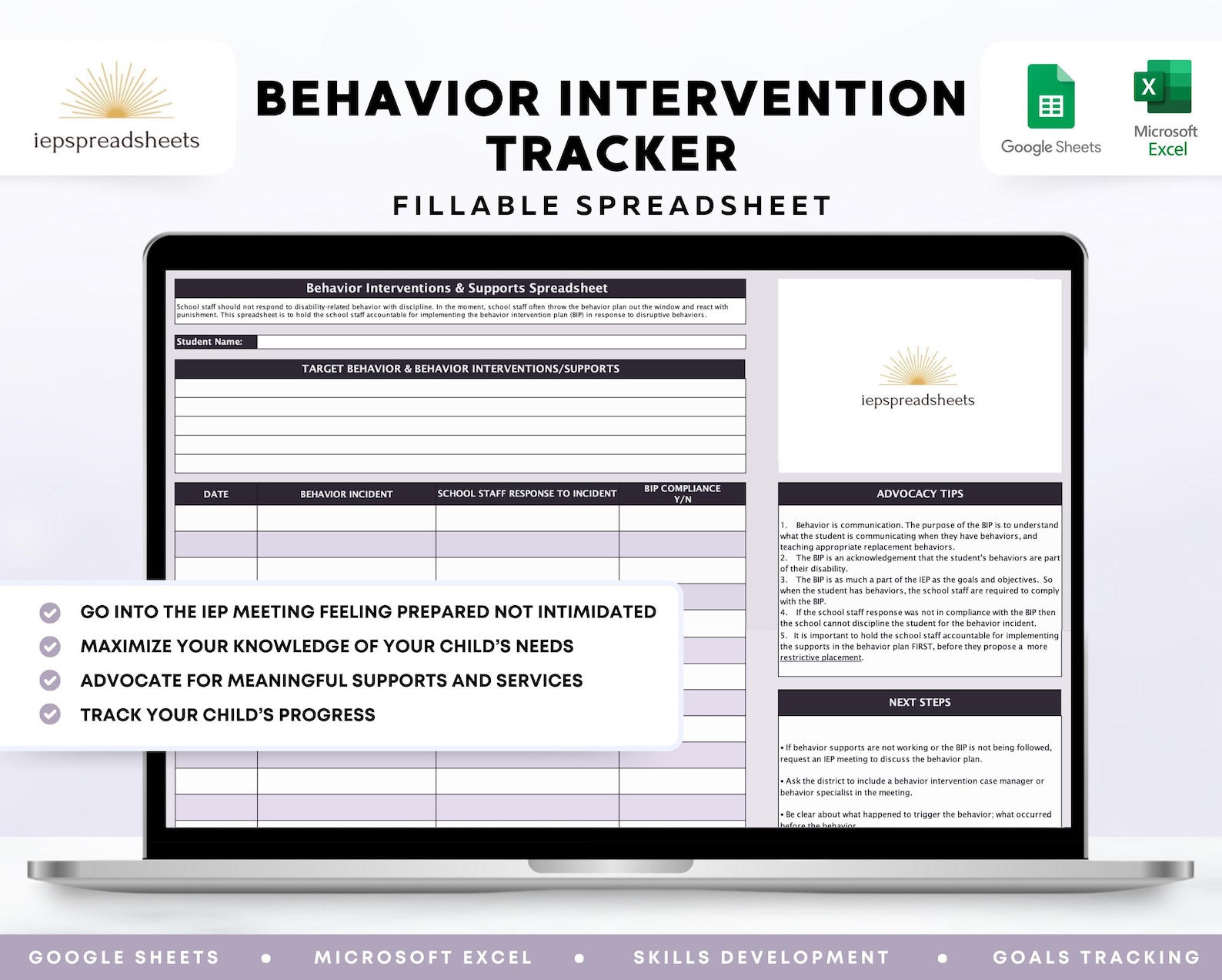 Behavior Intervention Tracker IEP Spreadsheet Google Sheets Microsoft ...
