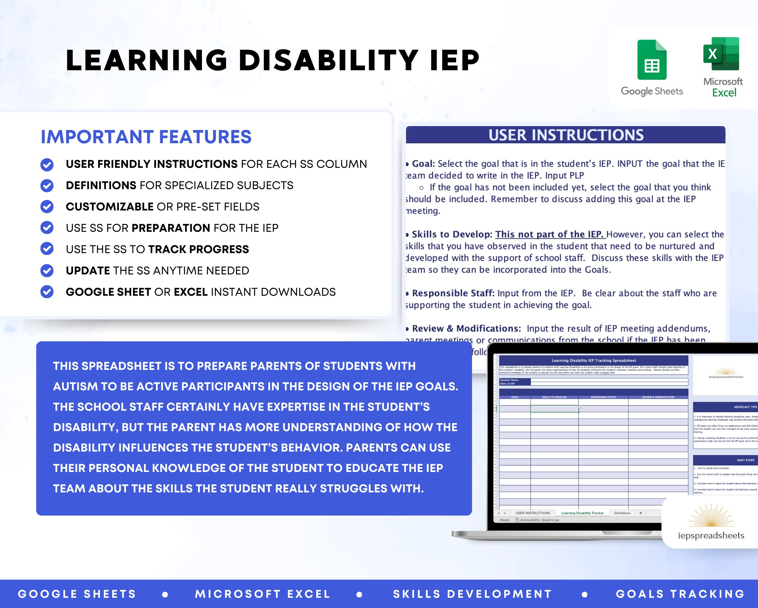 Learning Disability IEP Spreadsheet With Dropdown Menu | Google Sheets ...