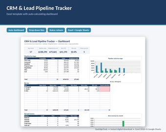 Excel-CRM-Vorlage – Lead-Pipeline, Follow-up-Tracker, Vertriebs-Dashboard
