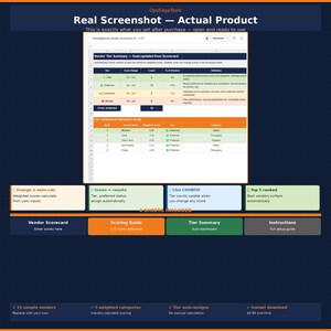 May include: Screenshot of a vendor scorecard tool. The spreadsheet displays vendor tiers, weighted scores, and category information. The interface includes color-coded sections and text labels for clarity. The product is designed for instant download.