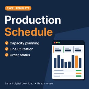 Könnte beinhalten: Eine Excel-Vorlage für einen Produktionsplan auf dunkelblauem Hintergrund. Der Text lautet Excel Template, Production Schedule, Capacity planning, Line utilization und Order status. Eine Grafik zeigt ein Dashboard mit Balkendiagrammen.