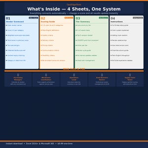 May include: A digital graphic with the text "OpsEdgeTools" and "What's Inside - 4 Sheets, One System." The image is divided into sections labeled "Vendor Scorecard," "Scoring Guide," "Tier Summary," and "Instructions."