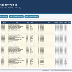 Onboarding task list data entry sheet with due dates from start date and status flags