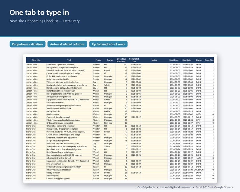 Onboarding task list data entry sheet with due dates from start date and status flags