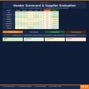 Könnte beinhalten: Ein digitales Vendor Scorecard- und Lieferantenbewertungstool. Die Tabelle zeigt die Lieferantenbewertungen basierend auf Qualität, Lieferung, Preisgestaltung, Kommunikation und Flexibilität an. Enthält Bewertungsleitfäden, Tier-Dashboards und Sofort-Download-Optionen.