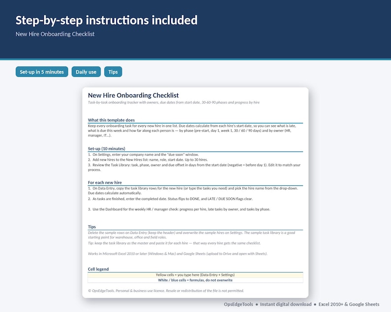 Step by step instructions tab of the onboarding checklist template