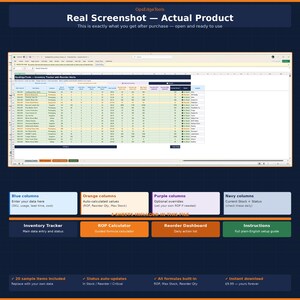May include: A screenshot of a spreadsheet with data, labeled "Inventory Tracker." The image includes color-coded columns and text boxes with descriptions. Text at the top reads "Real Screenshot - Actual Product."