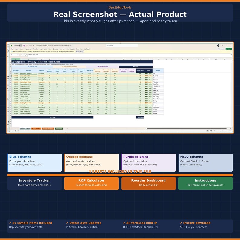 May include: A screenshot of a spreadsheet with data, labeled "Inventory Tracker." The image includes color-coded columns and text boxes with descriptions. Text at the top reads "Real Screenshot - Actual Product."
