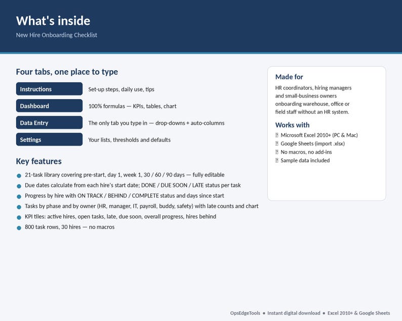 What is included in the OpsEdgeTools onboarding checklist Excel template