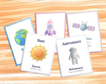 Bilingual Space Flashcards German English | Printable Solar System Activity for Kids | Learn German Flashcard Digital Download