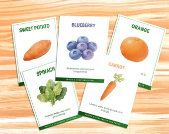 Watercolor Fruits & Vegetables Fun Facts Flashcards for Kids | Printable Kids Learning Activity | Educational Flash Cards Digital Download