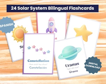 Solar System Bilingual Flashcards English Spanish Learning Cards for Kids Activity, Space Language Preschool Montessori Homeschool Activity