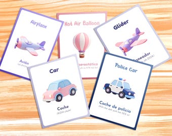 Transportation Bilingual Spanish Flashcards for Kids | Printable Flashcards | Vocabulary Learning Cards for Toddlers and Preschool Education