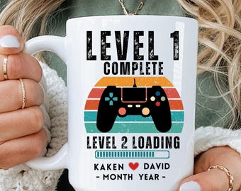 1st Wedding Anniversary Gift Mug, Personalized Level 1 Complete Gift for Husband and Wife, 1 year Anniversary Gift Retro Video Game Mug