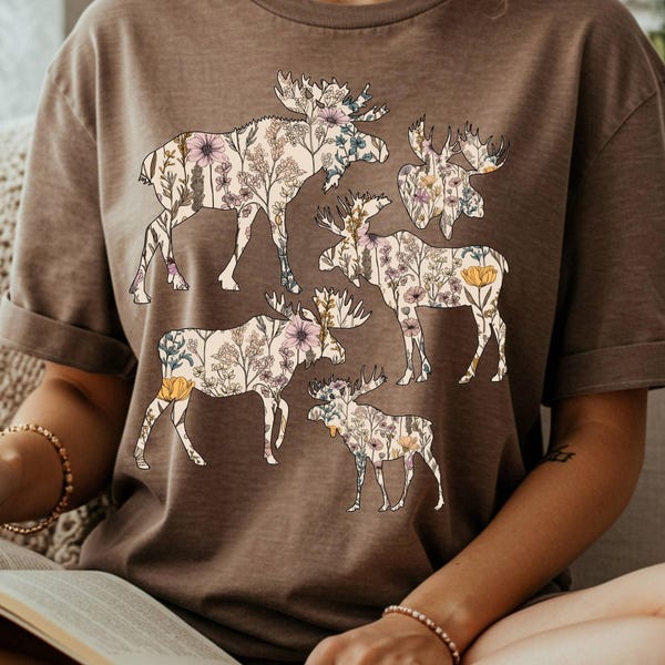 Comfort Colors® Wildflower Moose Shirt, Moose Gift, Moose Lover Gifts, Wild Animal shirt,  Camping Tee, Nature Tee, Woodland Wildlife, Elk