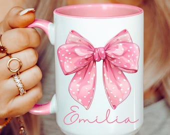 Tazza personalizzata con fiocco in tela rosa, tazza per la migliore amica, tazza per nipote, tazza con fiocco rosa Coquette, tazza con nome, tazza per festa nuziale, tazza con nome per lei