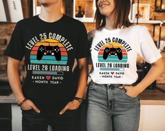 25th Wedding Anniversary Gift T-shirt, Personalized Level 25 Complete Gift for Husband,Wife, 25 year Anniversary Gift Retro Video Game Shirt