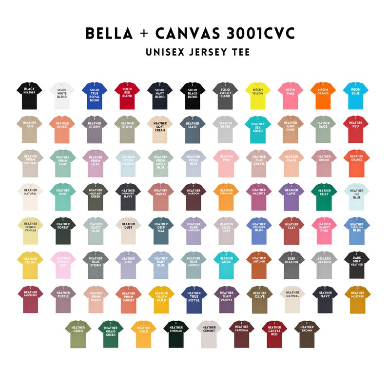 May include: A color chart for the Bella + Canvas 3001CVC unisex jersey tee, displaying a grid of short-sleeve t-shirts in various solid and heathered colors. Each shirt icon is labeled with its specific color name, providing a comprehensive visual reference for the available fabric options in this collection.