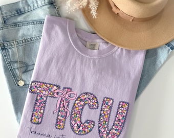 Comfort Colors® TICU Nurse Shirt,  Trauma Team Tee, Medical Apparel, TICU Gift, Intensive Care Nurse, Floral Toile Trauma ICU Nurse T-Shirt