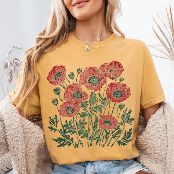 Comfort Colors® Poppies Linocut Shirt,  Floral Linocut Shirt, Vintage Boho Poppy Tee, Cottagecore Wildflowers T-shirt, August Birthday Gift