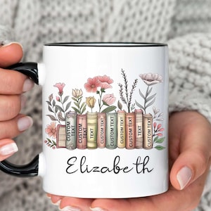 Personalized Floral Books Mug, Favorite Bookshelf Coffee Mug, Custom Tittle & Name Librarian Bookworm Gift for Reader, Gift for Book Lovers
