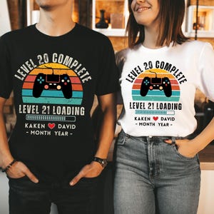 20h Wedding Anniversary Gift T-shirt, Personalized Level 20 Complete Gift for Husband, Wife, 20 year Anniversary Retro Video Game Shirt