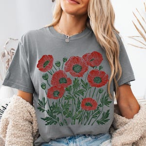 Comfort Colors® Poppies Linocut Shirt, Floral Linocut Shirt, Vintage Boho Poppy Tee, Cottagecore Wildflowers T-shirt, August Birthday Gift image 20