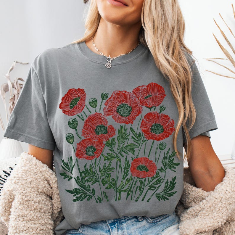 Comfort Colors® Poppies Linocut Shirt, Floral Linocut Shirt, Vintage Boho Poppy Tee, Cottagecore Wildflowers T-shirt, August Birthday Gift image 20