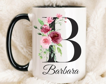 Name Mug, Personalized Initial Mug, Mothers Day Present, Floral Coffee Cup, Birthday Mug, Bridesmaid Gift, Daughter-in-law Mug, Monogram Mug