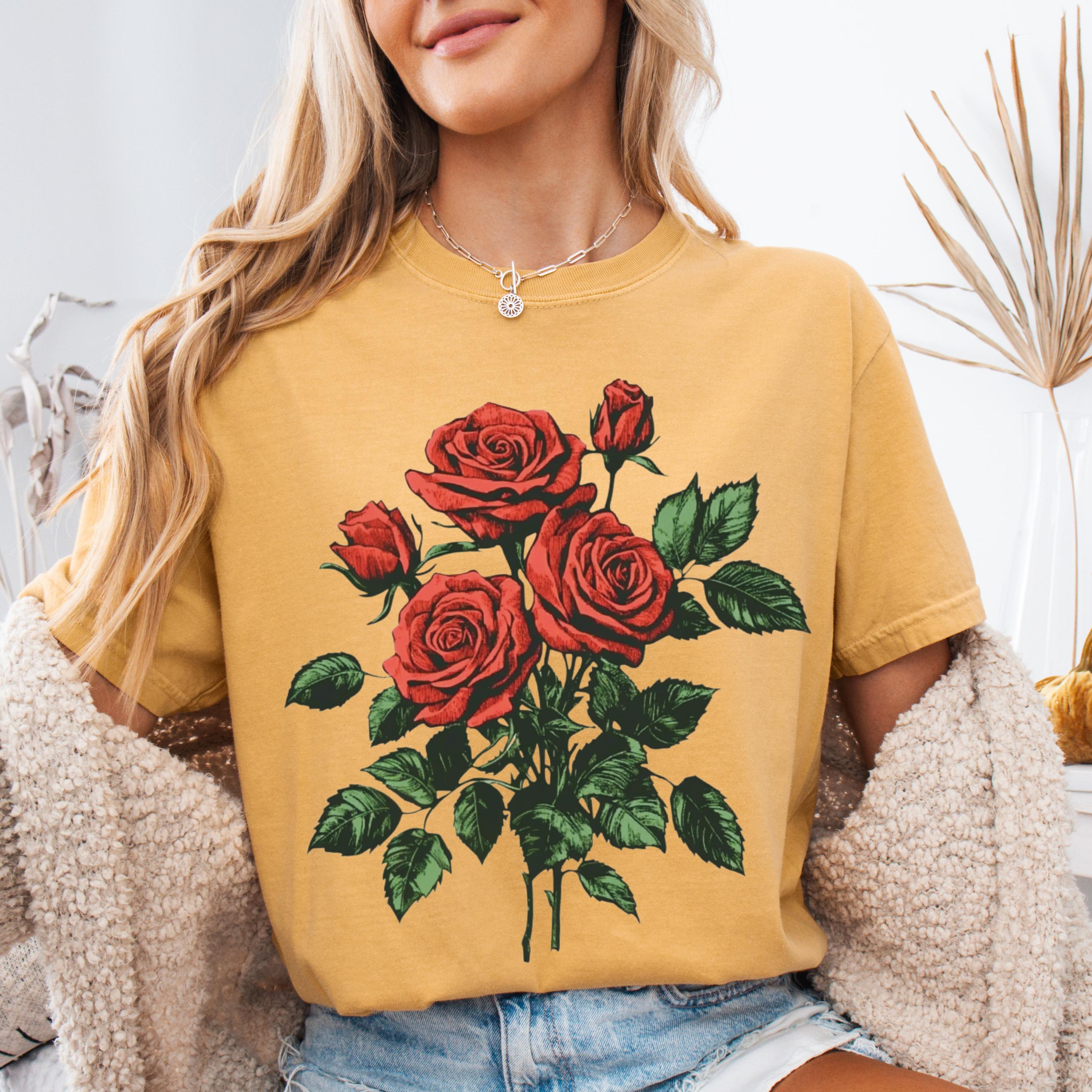 Comfort Colors® Roses Linocut Shirt, Vintage Boho Rose Tee