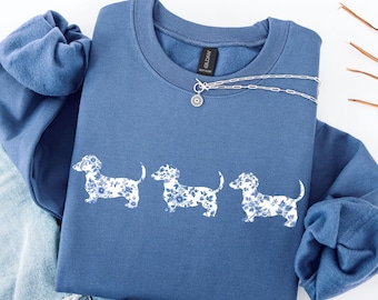 Dachshund Custom Sweatshit, Cute Doxie Tee, Wiener Dog Shirt, Dachshund Top, Blue Toile Dachshund Shirt, Dog Mom Gift, Dachshund Shirt