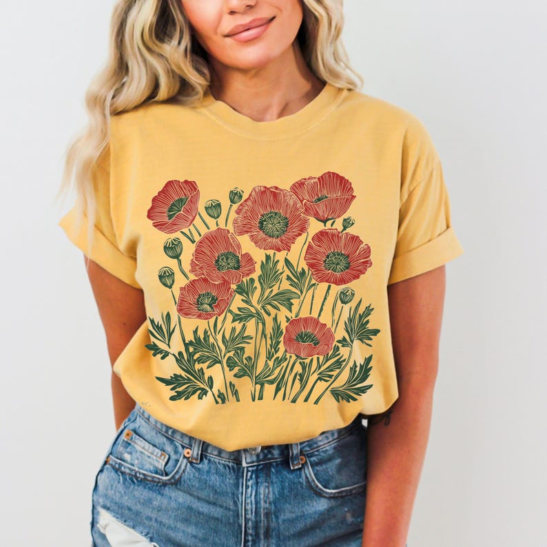 Comfort Colors® Poppies Linocut Shirt, Floral Linocut Shirt, Vintage Boho Poppy Tee, Cottagecore Wildflowers T-shirt, August Birthday Gift image 12